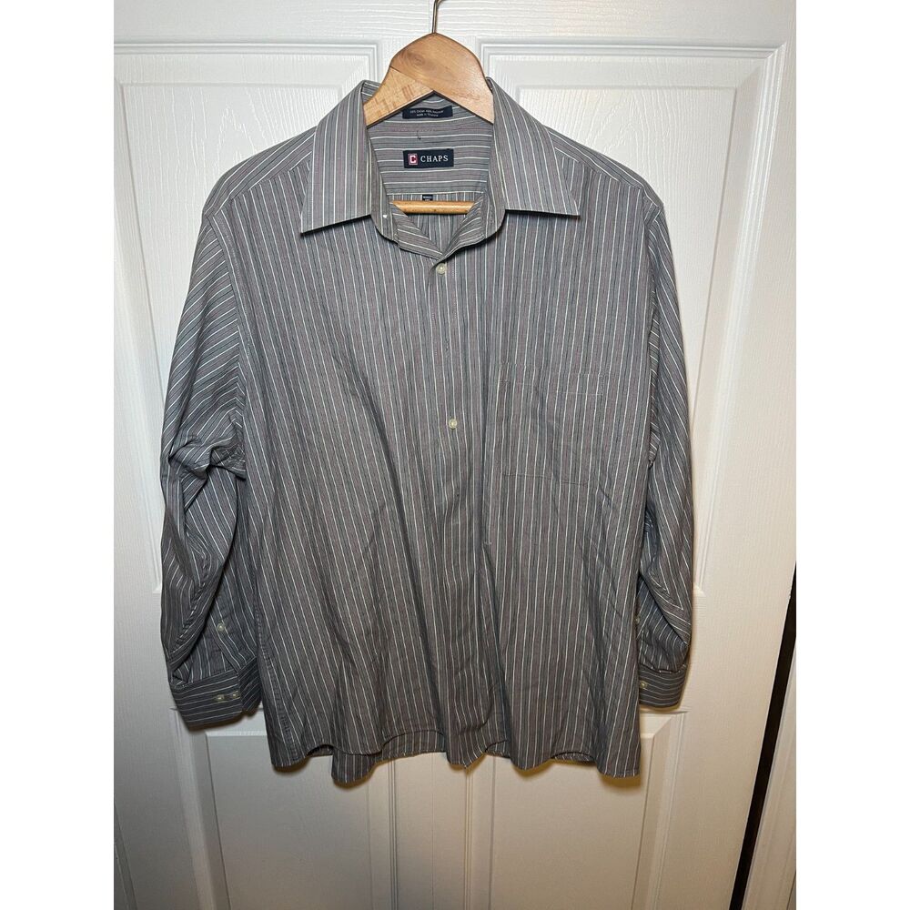 Chaps Men’s Dress Shirt Large 16-16.5 32/33 Gray Striped Wrinkle Free
